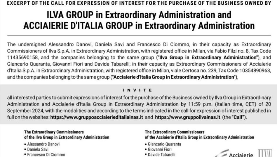 ILVA Group & Acciaierie d’Italia Group - Classified ad