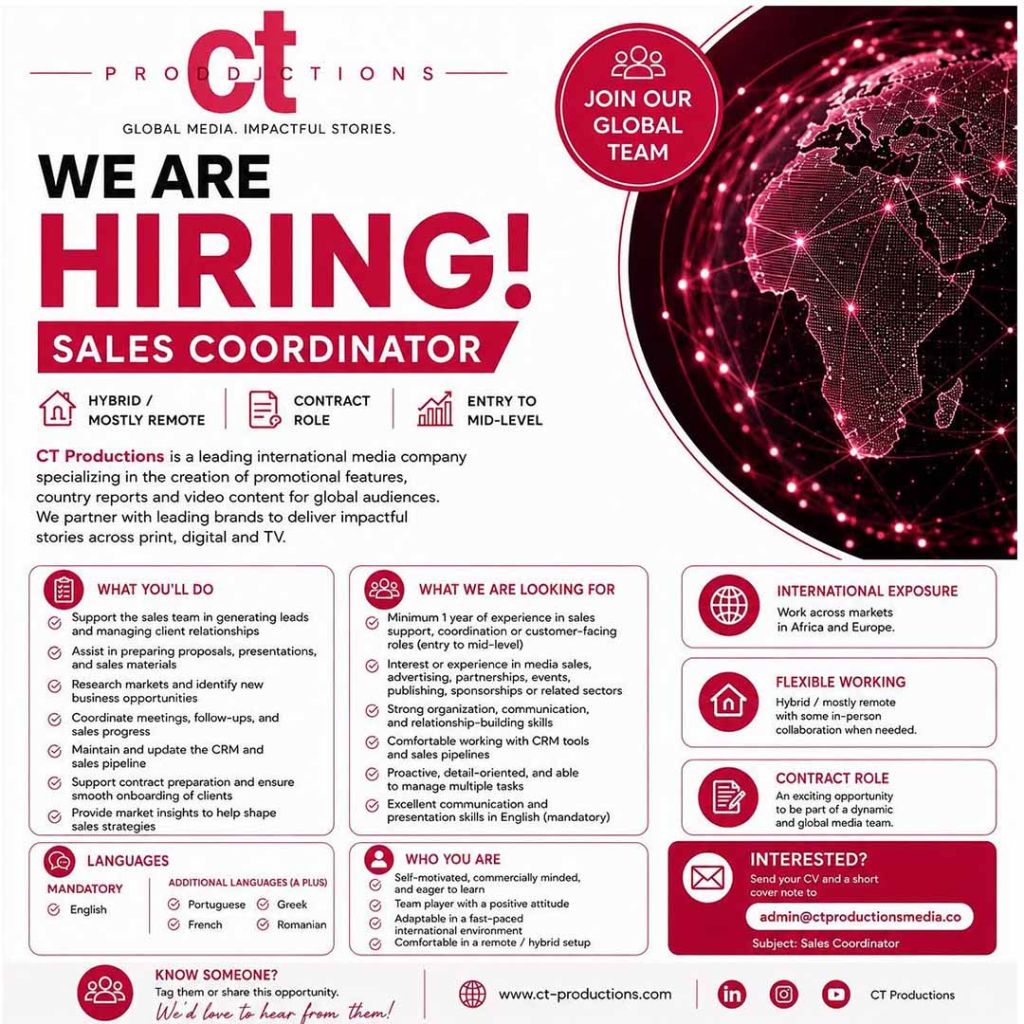 CT Productions - We’re hiring - Sales & Business Development Coordinator
